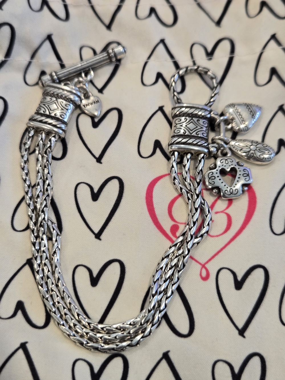 Vintage Brighton 3 Strand Silver Toggle Bracelet with Heart Charms 7" Max